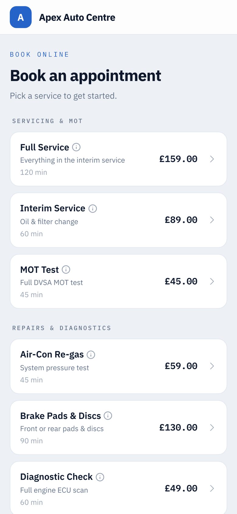 A Kalendesk booking page on a phone, listing a garage's services with prices and durations