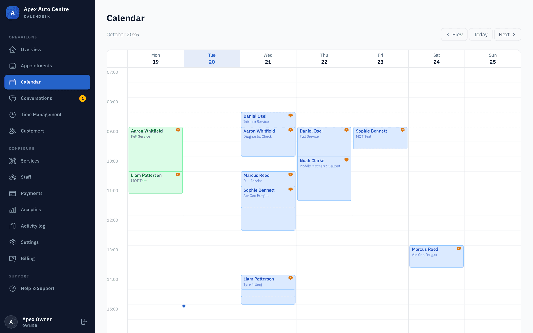 The Kalendesk week calendar, showing a garage's appointments across the working week with the customer and service on each